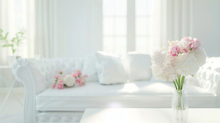 Modern White Living Room Interior: Sofa, Furniture, and Flowers in a Soft, Bright Setting