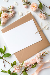 Top view of an elegant floral invitation card mockup, ideal for wedding or romantic event design.