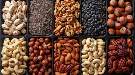 collection nuts and seeds background, healthy snacks for food.