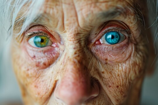 elder woman with different colors eyes, she has one green eye and one blue eye - heterochromia iridis. Concept human diversity.