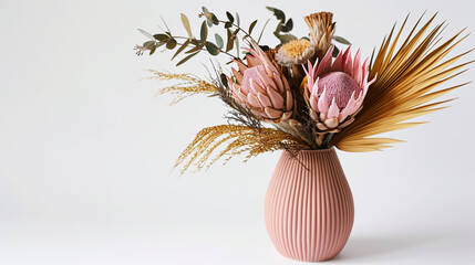 Beautiful dried flower arrangement in a stylish pink vase. Generative Ai