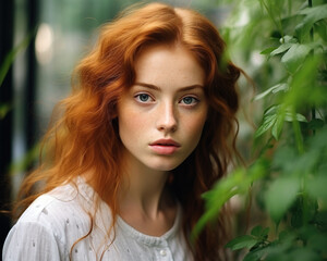 Naklejka premium Beauty portrait of red haired girl with freckles on background of green leaves