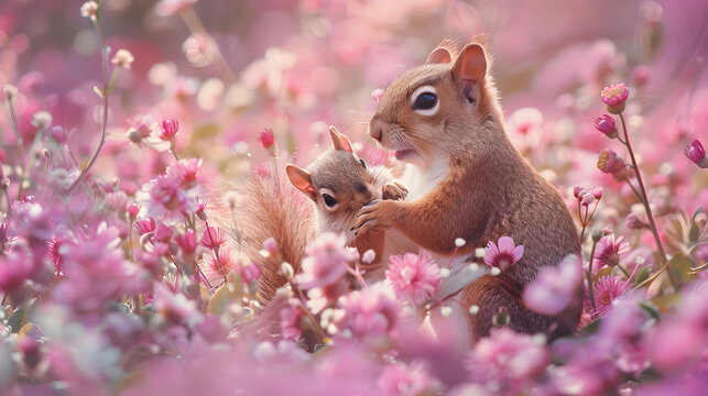Cinematic photograph of Squirrel and baby in a field full of blooming flowers. Mother's Day. Pink and purple color palette.