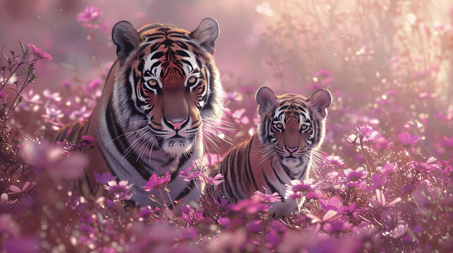 Cinematic photograph of tiger and baby in a field full of blooming flowers. Mother's Day. Pink and purple color palette.