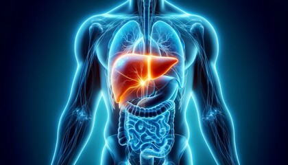 3D Illustration of Glowing Liver in Human Body Silhouette