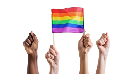 LGBT Pride month concept. fists raising rainbow flag isolate on transparent background.