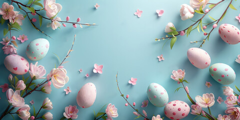 Obraz na płótnie Canvas Easter frame of colorful pastel pink eggs and spring blossom flowers on blue background. Banner. Copy space. Greeting card. View from above. Happy Easter celebration.