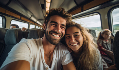 Fototapeta na wymiar Happy young couple sitting in the train , traveling to their vacation by train. Active lifestyle concept