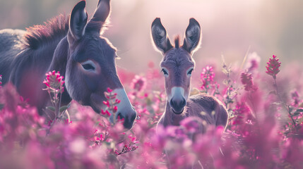 Cinematic photograph of donkey and baby in a field full of blooming flowers. Mother's Day. Pink and...