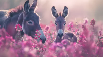 Tuinposter Cinematic photograph of donkey and baby in a field full of blooming flowers. Mother's Day. Pink and purple color palette. © MadSwordfish