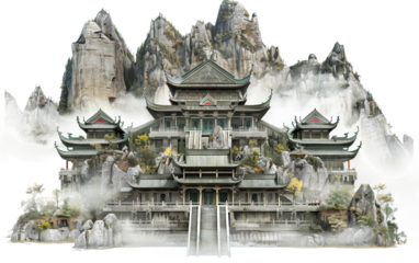Serene Buddhist Temple in Mountain Haven Isolated on Transparent Background.