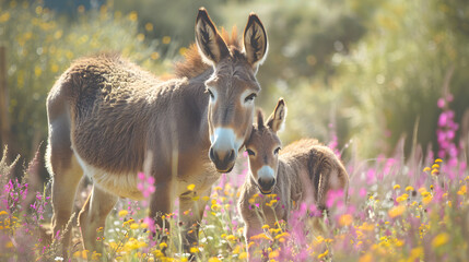 Cinematic photograph of donkey and baby in a field full of blooming flowers. Mother's Day. Pink and...