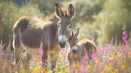  Cinematic photograph of donkey and baby in a field full of blooming flowers. Mother's Day. Pink and purple color palette. © MadSwordfish