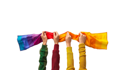 Hands holding pride flag isolated on transparent background. cut ut