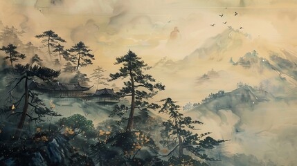 Vintage traditional Japanese painting, Mount Fuji . Painting on old paper. Generative AI.