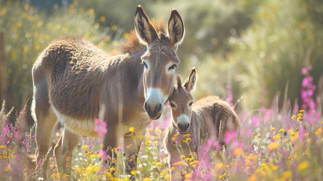 Cinematic photograph of donkey and baby in a field full of blooming flowers. Mother's Day. Pink and purple color palette.