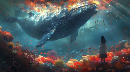 a girl standing with a whale under water, in the style of spiritual meditations, iconic album covers, calm, wonderful ocean, underwater, full of colors and corals. generative AI - obrazy, fototapety, plakaty
