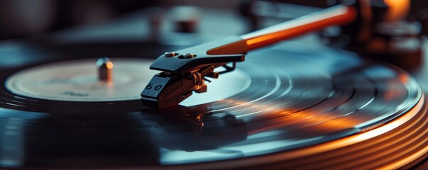 Close-up of a spinning vinyl record on a turntable with warm orange and blue lighting, suggesting a retro mood for music listening or a themed party.