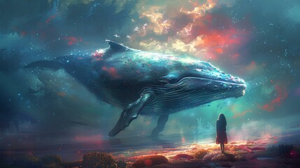 a girl standing with a whale under water, in the style of spiritual meditations, iconic album covers, calm, wonderful ocean, underwater, full of colors and corals. generative AI