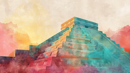 Abstract, minimalist watercolor picture illustration of Pyramid Kukulkan, Mexico. Ai generative.