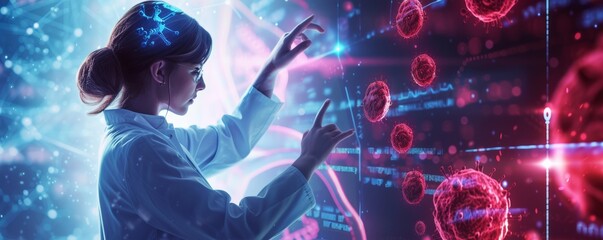 A scientist interacts with a futuristic holographic display of virus structures, ideal for topics on innovative health research and technology.