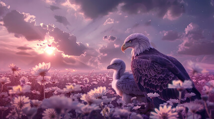 Cinematic photograph of eagle and baby in a field full of blooming flowers. Mother's Day. Pink and...