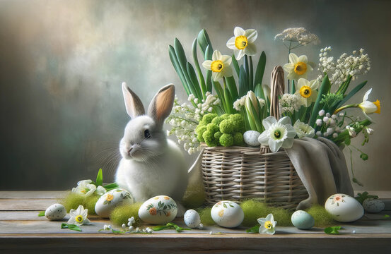 Easter still life with bunny, Easter eggs and daffodils in a wicker basket