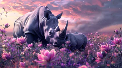  Cinematic photograph of rhino and baby in a field full of blooming flowers. Mother's Day. Pink and purple color palette. © MadSwordfish