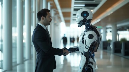 A man and a humanoid robot engage in a handshake in a modern office setting, symbolizing futuristic partnership and technology innovation.