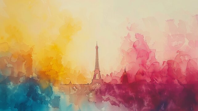 Abstract, minimalist watercolor picture illustration of Tour Eiffel, Paris. Ai generative
