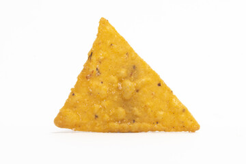 Crispy corn tortilla nachos chips front view isolated on white background clipping path