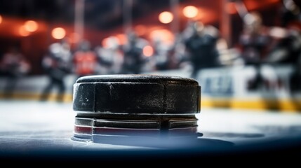Close-up of a hockey puck on ice with a dynamically blurred background.