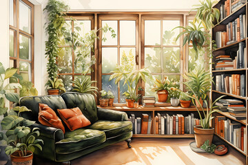 Cozy reading nook by window in watercolor with green sofa and lots of green plants. sunroom. Ai - obrazy, fototapety, plakaty