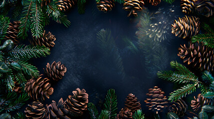 Fototapeta na wymiar Frame of pine cones on dark background.