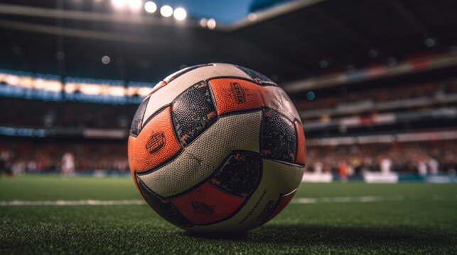 Immersed in the excitement of enthusiastic fans, a close-up shot of a soccer ball with a blurred stadium background.