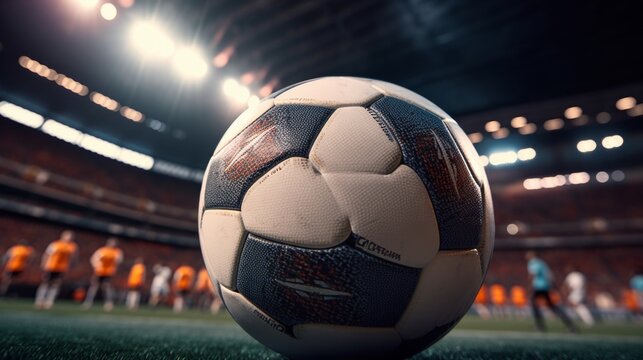 Close-up shot of a soccer ball with a blurred stadium background, enveloped in the excitement of cheering fans.