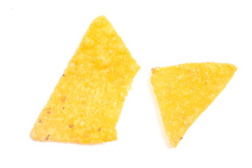 Broken of crispy corn tortilla nachos chips isolated on white background clipping path