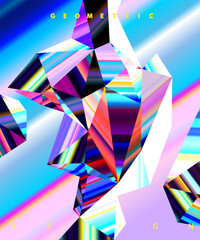 Abstract 3D glass crystals on dynamic gradient background. Colorful polygonal shape.