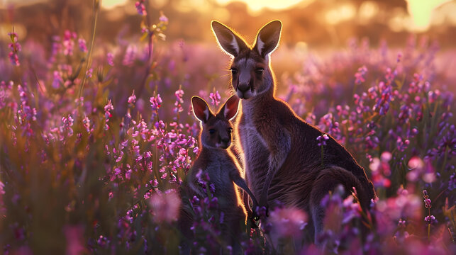 Cinematic photograph of cangarooand baby in a field full of blooming flowers. Mother's Day. Pink and purple color palette.