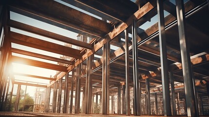Steel or metal frame workshop for modern concrete building structure under construction.
