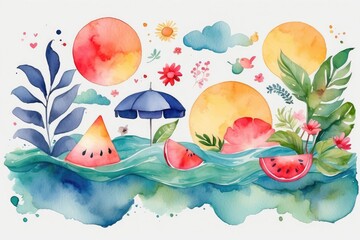 Naklejka premium Vibrant Watercolor Summer Beach Illustration with Watermelon and Sun