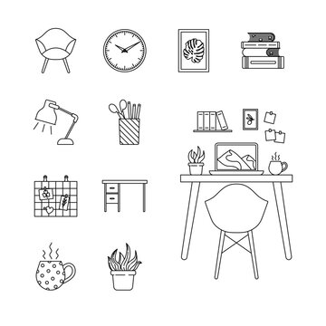 Set of workplace decor elements. Line style icons, editable stroke. Home office interior illustration