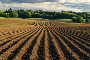 field texture featuring neatly plowed furrows in a rustic farmland - obrazy, fototapety, plakaty