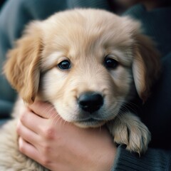 A tender moment of a golden retriever puppy being embraced by a human, evoking themes of companionship and the loving bond that forms between pets and their owners, set in a comforting