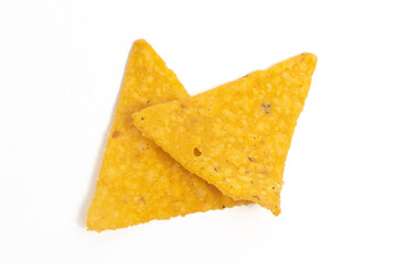 Two crispy corn tortilla nachos chips isolated on white background clipping path