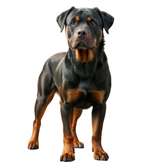 Isolated black and brown Rottweiler puppy sitting on a white background