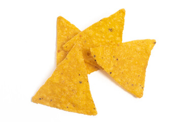 Fototapeta premium Group of crispy corn tortilla nachos chips isolated on white background clipping path