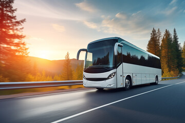  Modern coach bus speeds along a scenic highway, winding through a forest with a beautiful sunset countryside backdrop - obrazy, fototapety, plakaty