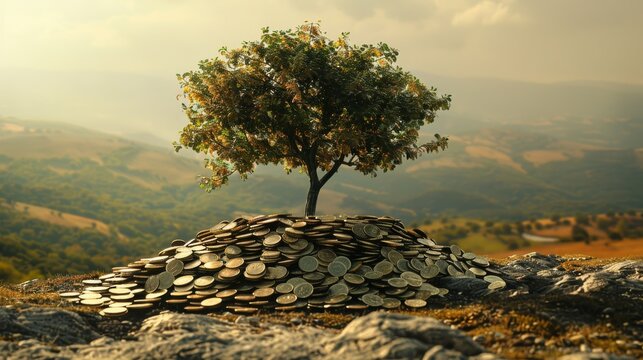 tiny tree pushes through a heap of coins