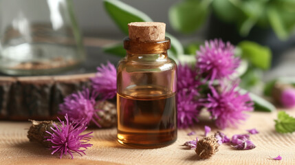 Fototapeta na wymiar Natural Burdock Root Essential Oil with Purple Flowers. Holistic Aromatherapy Concept.